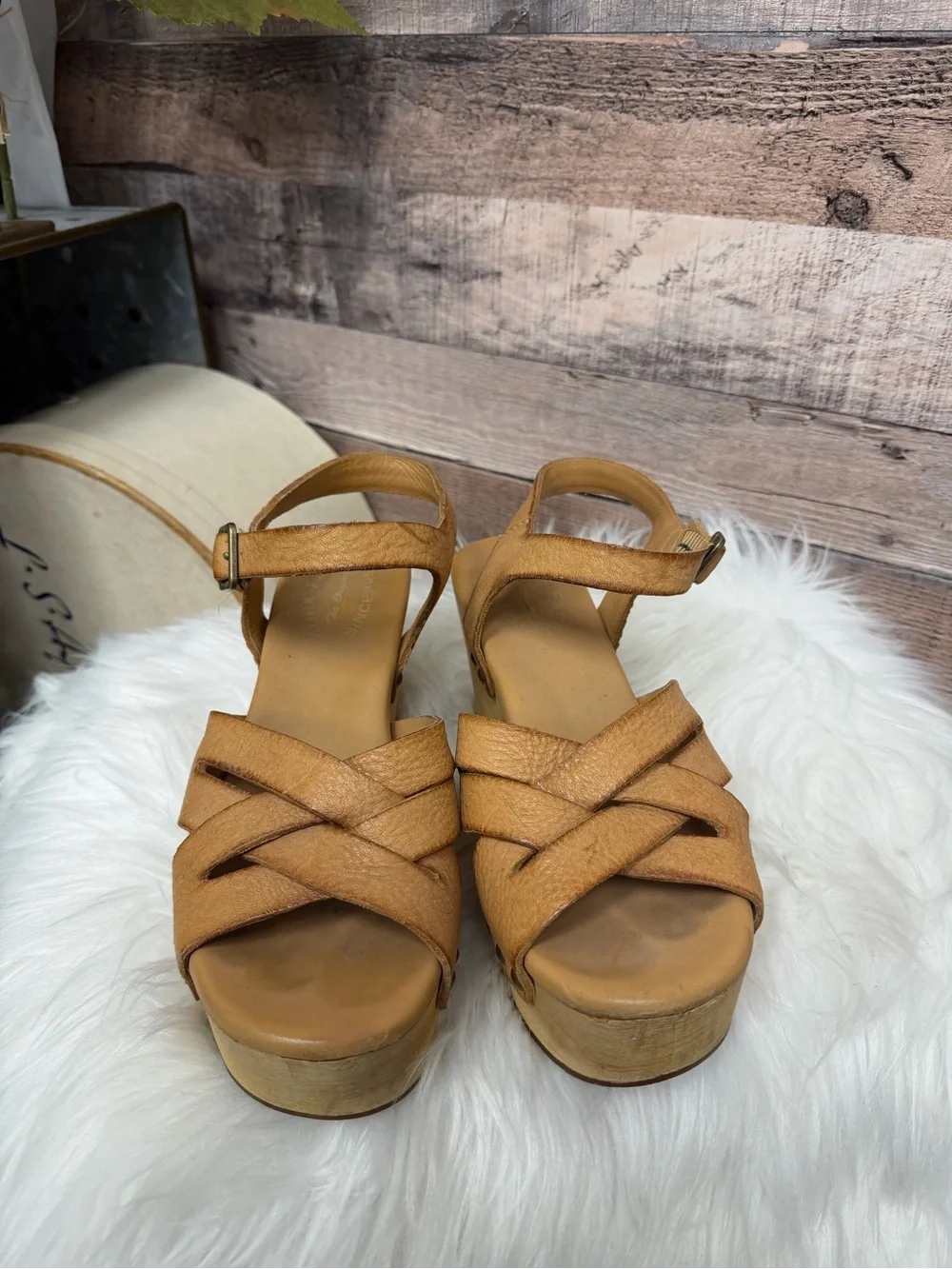 Kork-Ease Tan Leather Crisscross Platform Sandals